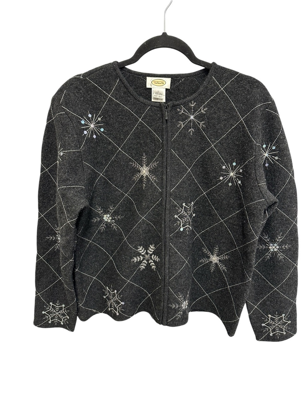 Talbots 100% wool zip front snowflake cardigan with bead embellishments Size L
